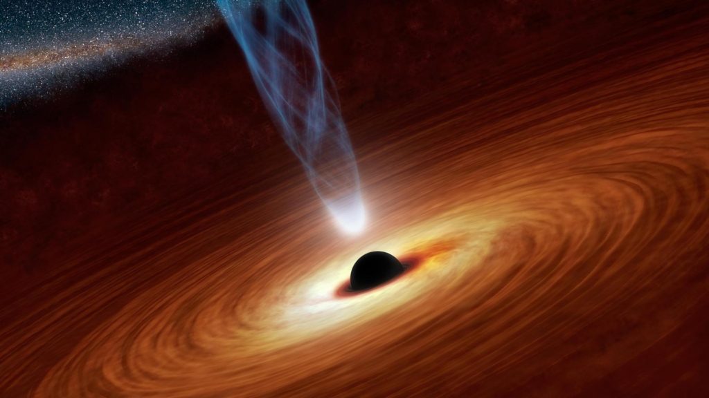 An artist's conception of a black hole drawing in matter.