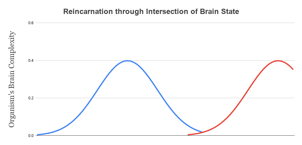 As a dying organism (in blue) declines and its brain complexity approaches zero. This state intersects with the state of a developing organism (in red). The result is a teletransportation: the brain dies in one location and is recreated in another location, with different material.