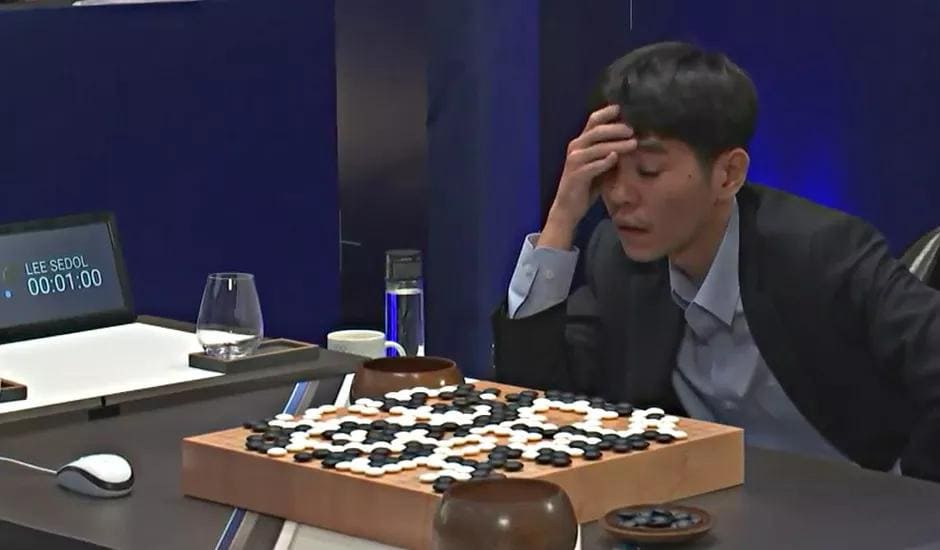 World champion go player Lee Sedol moments before resigning the 5th game.