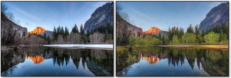 A picture of Yosemite taken in winter "reimagined" by the AI as a summertime scene. Note the added foliage and melting of snow. 