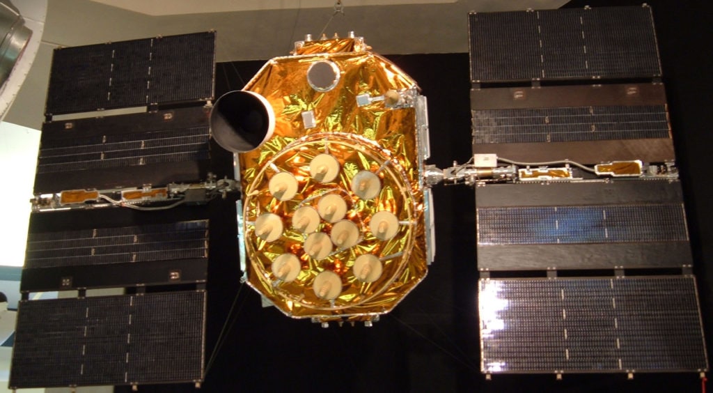 A GPS satellite on display at the San Diego Aerospace Museum. Dozens of these satellites circle overhead. Each orbits Earth at 3.9 kilometers per second. Image Credit: ESA