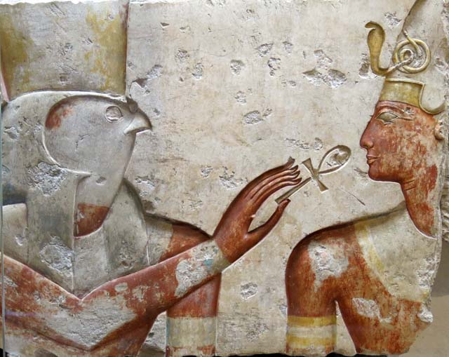 Horus holds an ankh to Ramses II. The ankh, called the cross of life, is a 5,000 year old symbol of eternal life. Coptic Christians adopted it as a symbol of the promise of everlasting life.