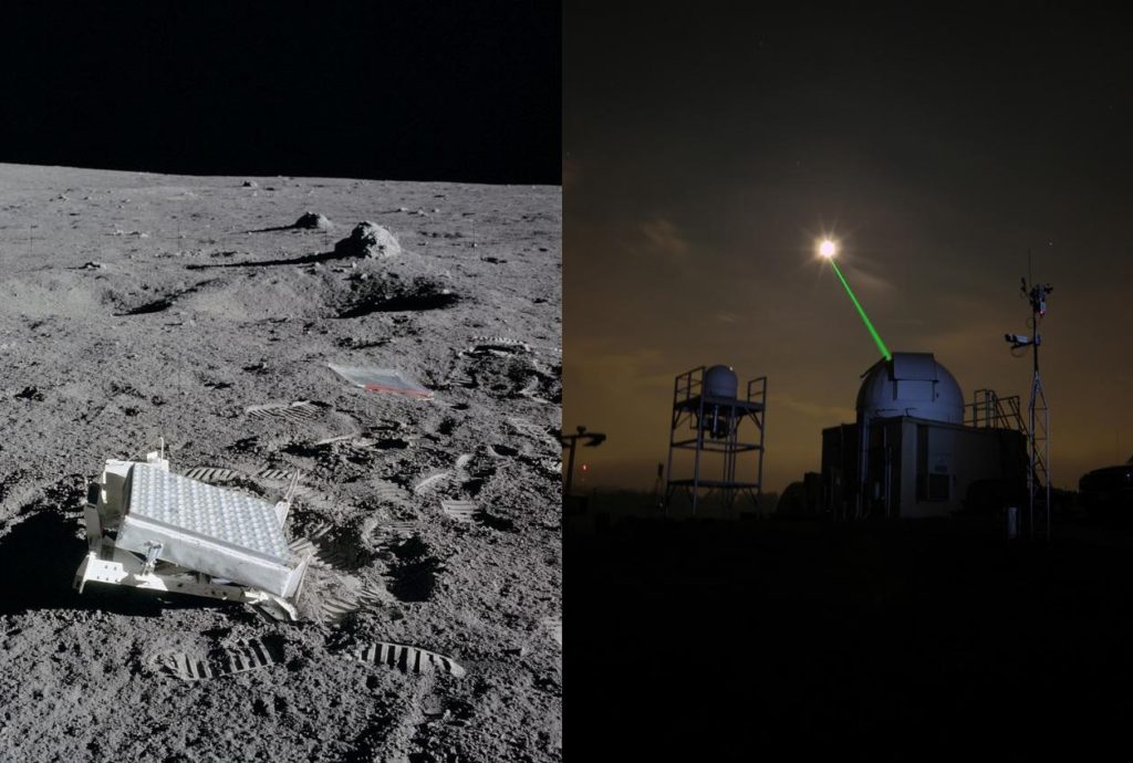 Left: Apollo astronauts left mirrors on the moon (the Lunar Ranging Retroreflectors).
Right: Scientists on Earth can bounce lasers off these mirrors to get a return signal.
Image Credit: NASA