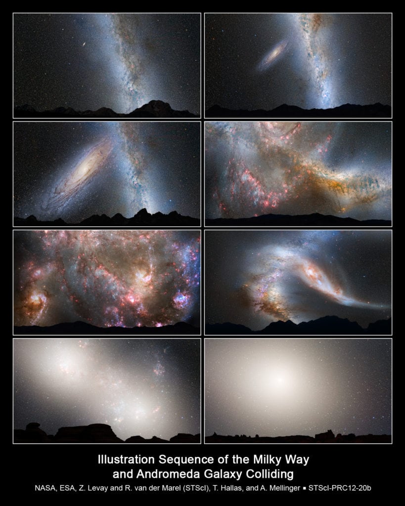 Earth’s sky at various stages of our collision with Andromeda.
Image Credit: NASA/ESA