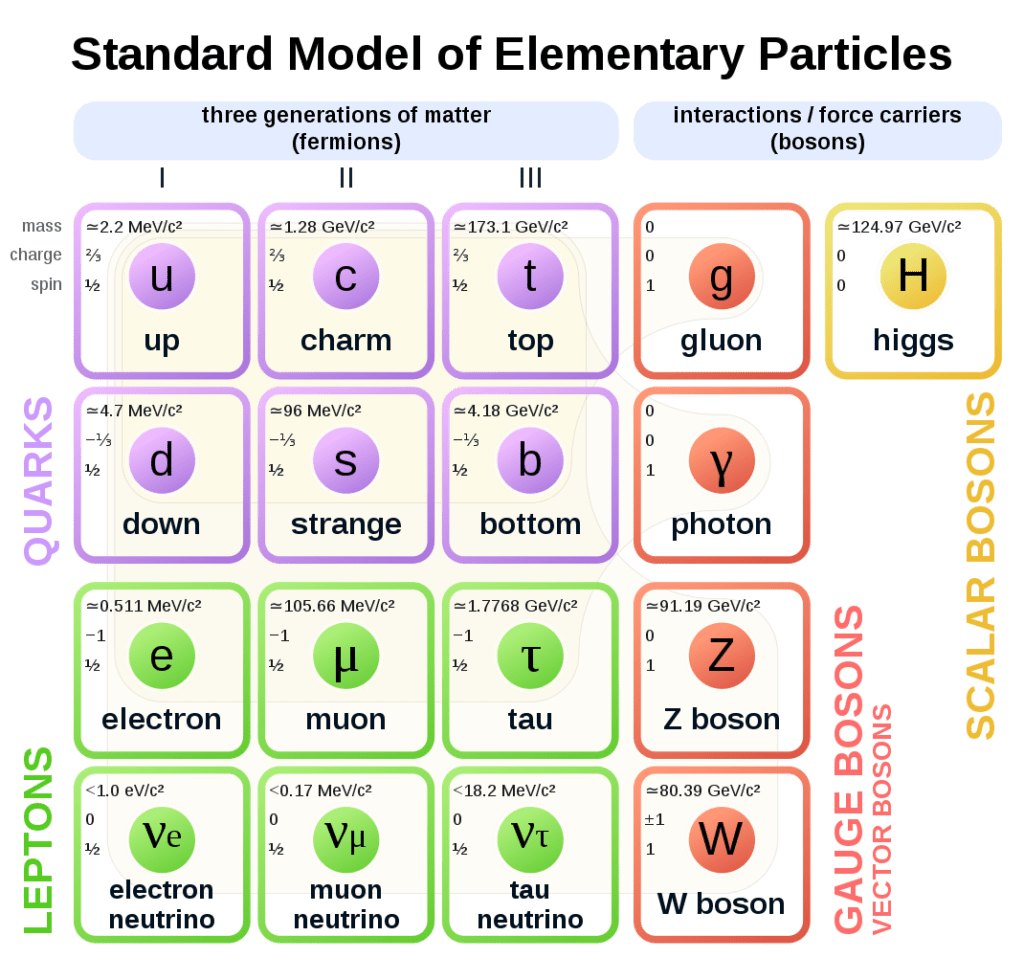 The standard model contains 17 known elementary particles. Image Credit: Wikimedia