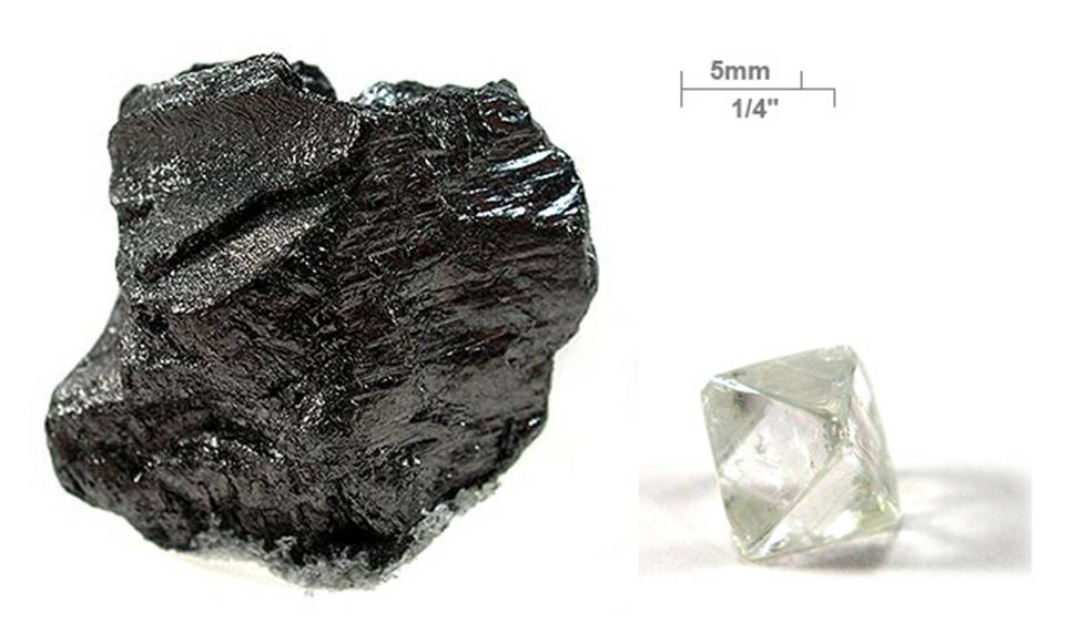 Elemental carbon can appear in several forms, including graphite, coal, fullerenes, and diamond. Image Credit: Wikipedia